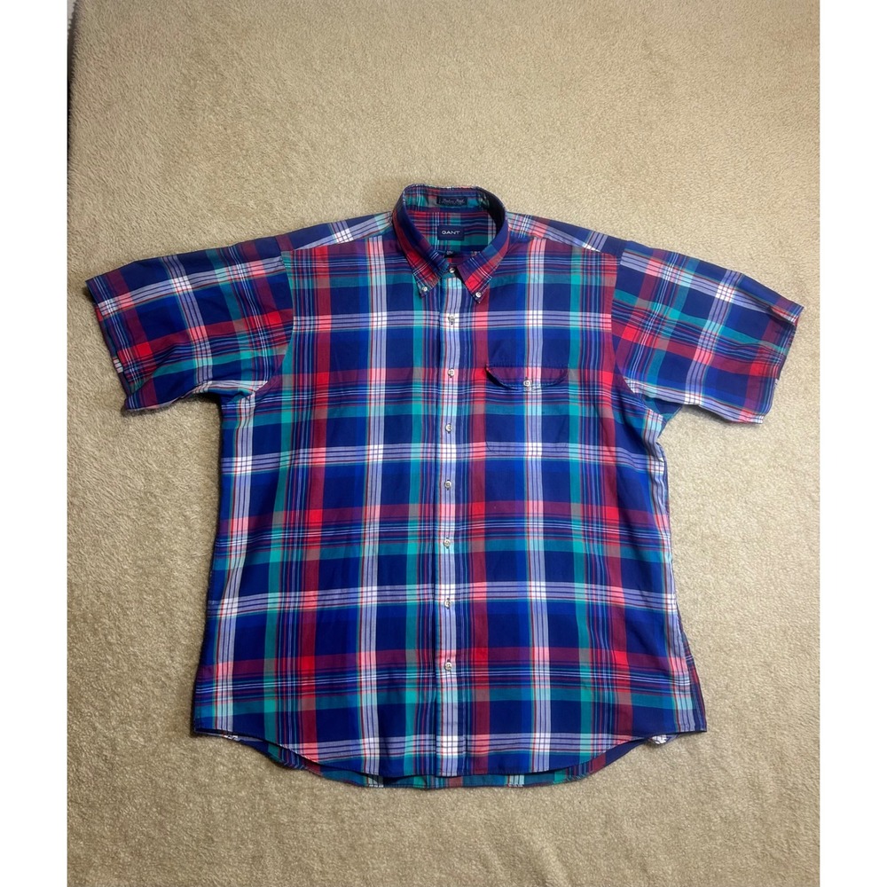 Vintage GANT Men's XXL Tall Plaid Short Sleeve Button Down Shirt Hong Kong Made